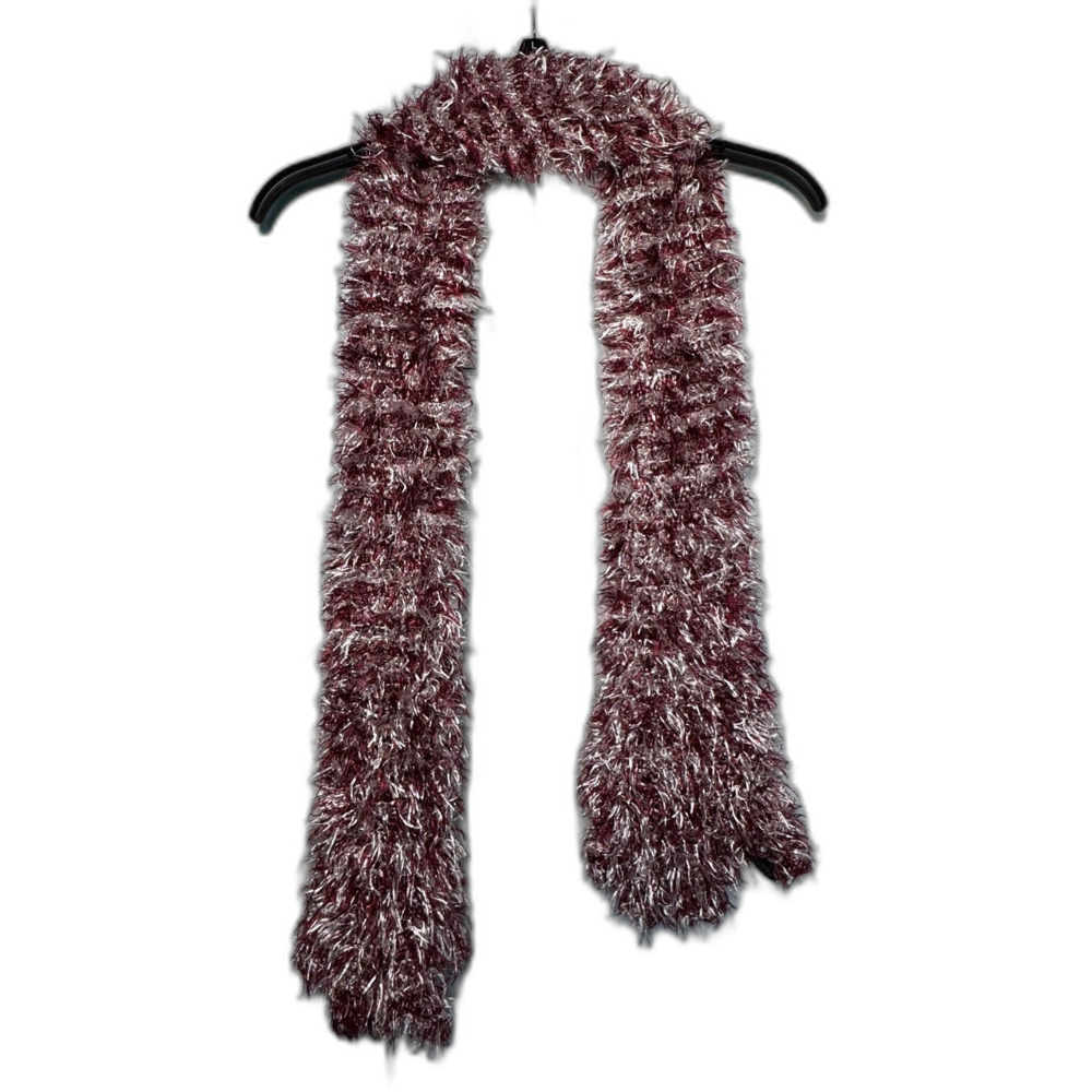 Vintage Y2K Eyelash Yarn Scarf Shag Fuzzy Metallic Maroon Silver Boa Long